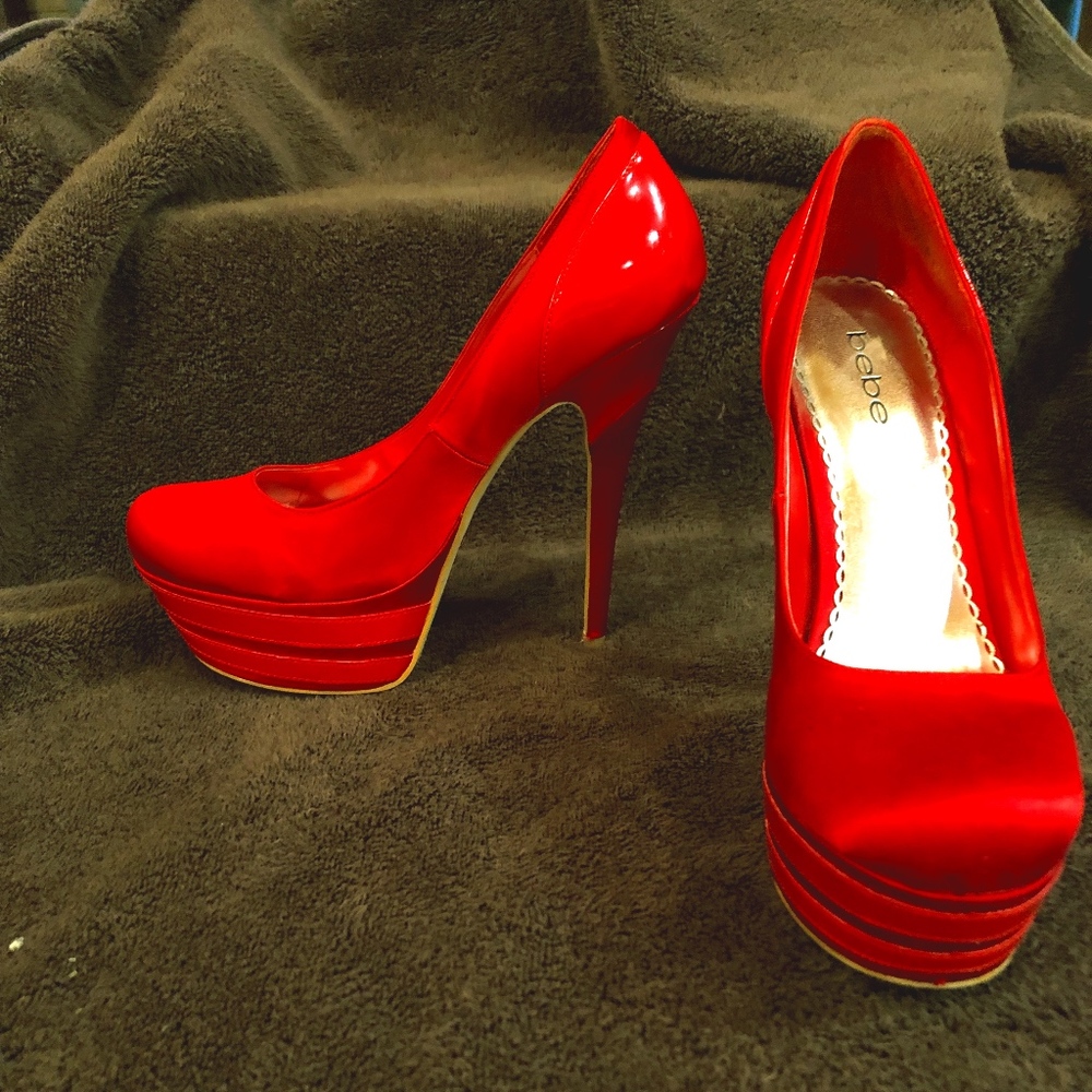 BeBe red satin platform heels